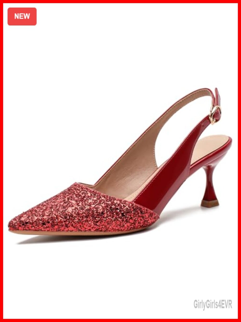 Kitten Heel Sequin Pointed Toe Faux Leather Slingback Pumps